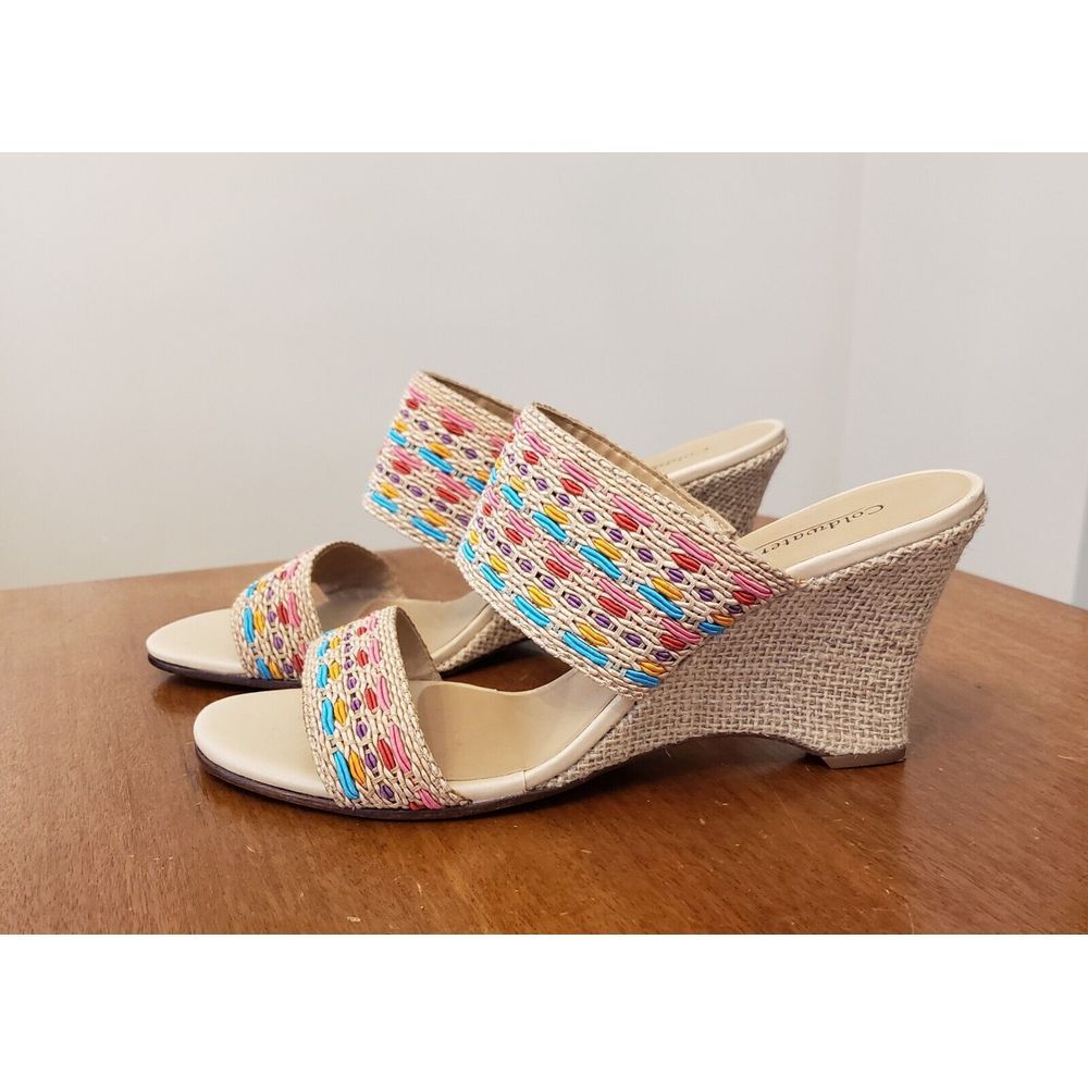 Coldwater Creek Wedge Sandals Natural Woven 7.5 Burlap Colorful Southwest